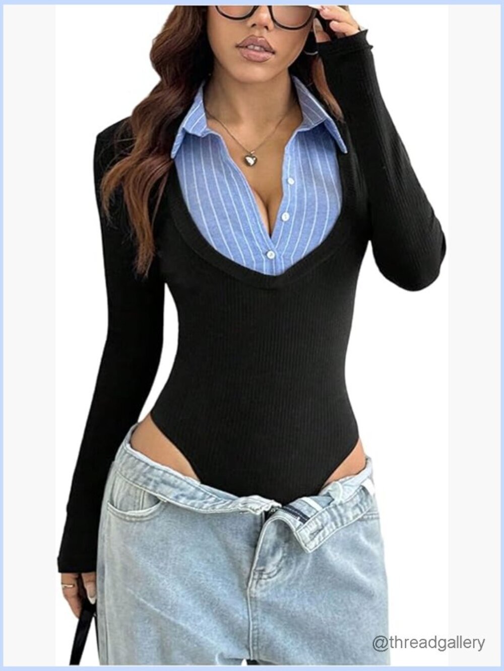 Women's Striped Long Sleeve Button Down Bodysuit, Collared Pull-On T-Shirt,